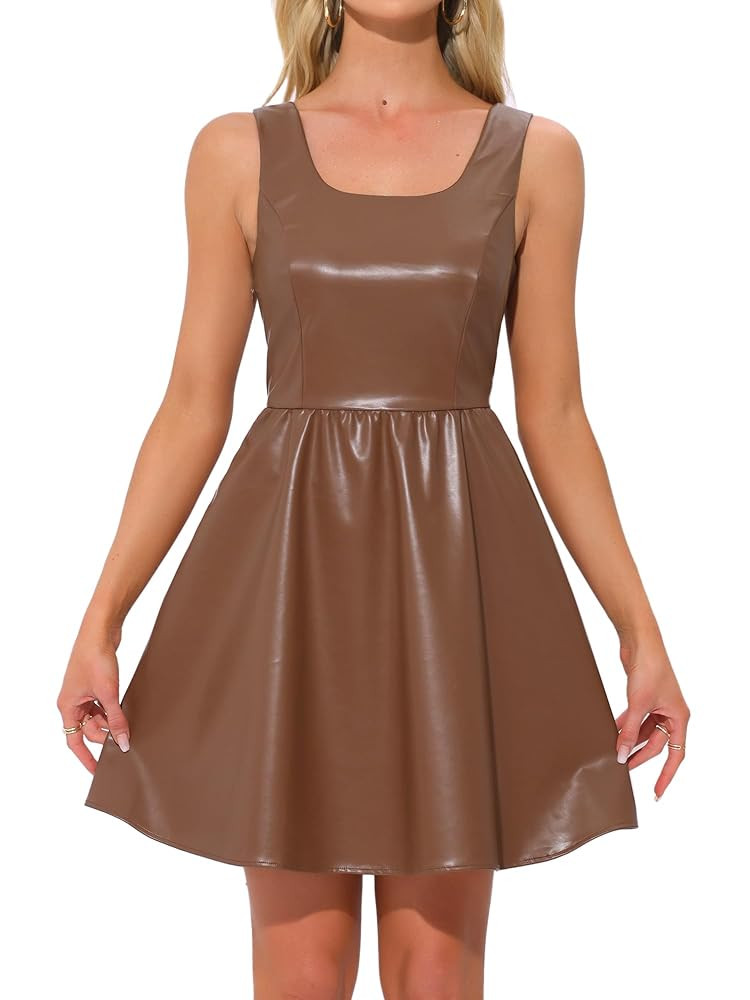 Allegra K Tank Dress for Women's Faux Leather Sleeveless a Line Mini Party Dresses | Amazon (US)