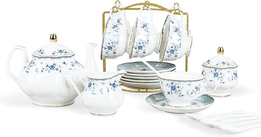 fanquare 15 Piece Blue Rose Porcelain Tea Set, British Floral Teapot with Tea Cups, Women Tea Par... | Amazon (US)