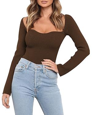 LILLUSORY Women's Sweetheart Neckline Sweater Ribbed Knit Slim Fit Pullover Tops | Amazon (US)