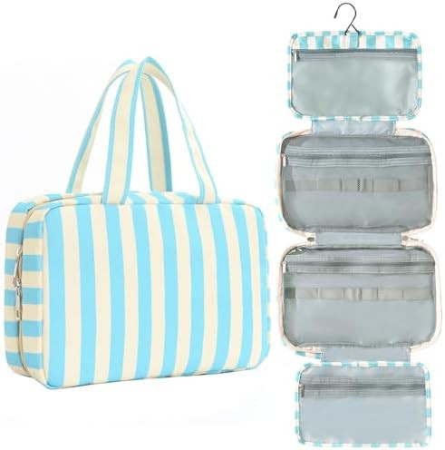 Toiletry Bag for Women Travel Water-resistant Cosmetic Bag Fashion Stripes Makeup Bag with Hangin... | Amazon (US)
