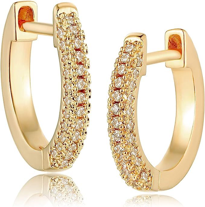 MEVECCO 14K Gold Plated 3 Row Pave Cubic Zirconia Hoop Earrings Dainty Handmade Huggie Earrings f... | Amazon (US)