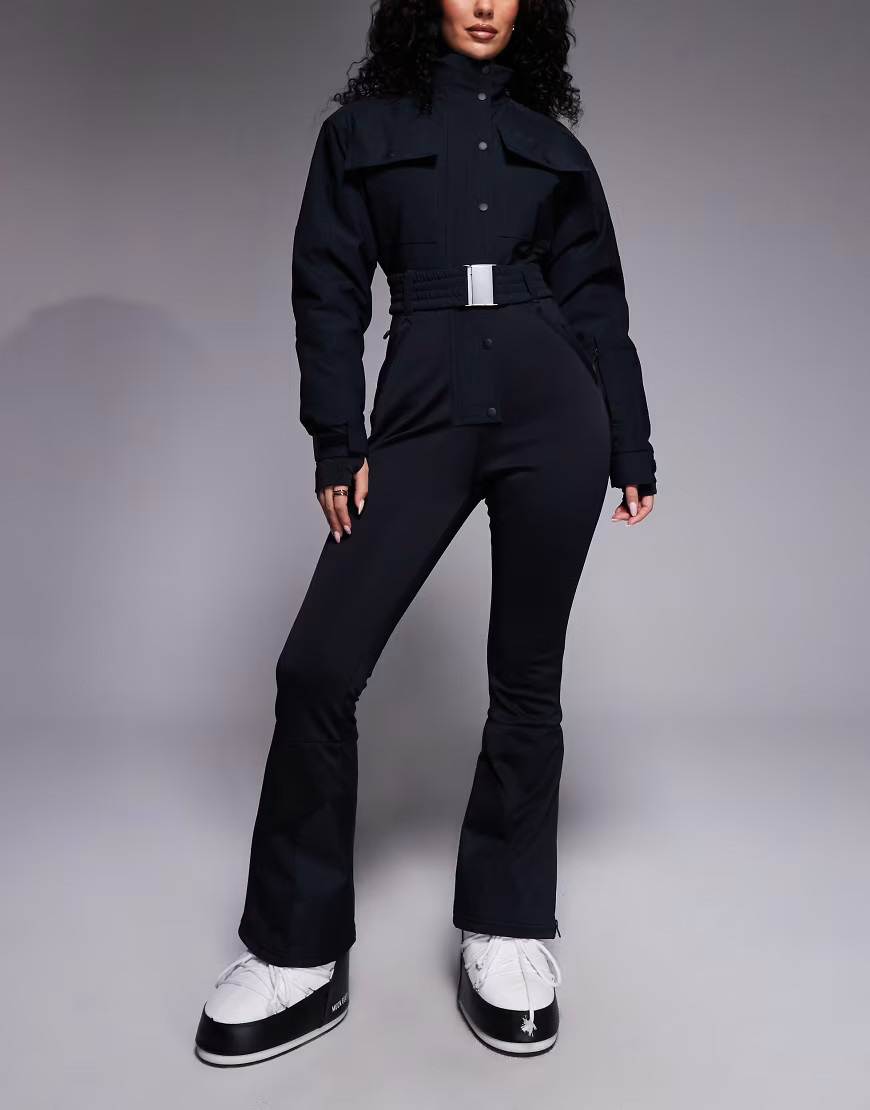 ASOS 4505 Hourglass Ski funnel neck kick flare belted ski suit in black | ASOS (Global)