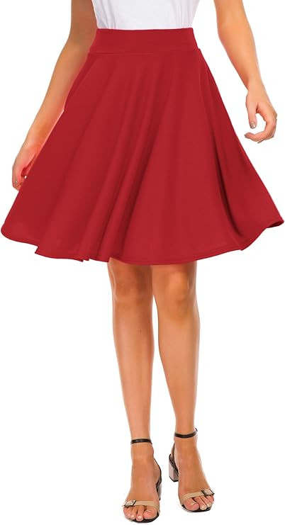 EXCHIC Women's Casual Stretchy Flared Mini Skater Skirt Basic A-Line Pleated Midi Ski... | Amazon (US)