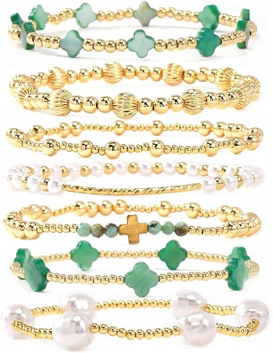 Dainty Cross Clover Gold Beaded Pearl Bracelet Stack for Women,Handmade Boho Gold Plated Beads St... | Amazon (US)