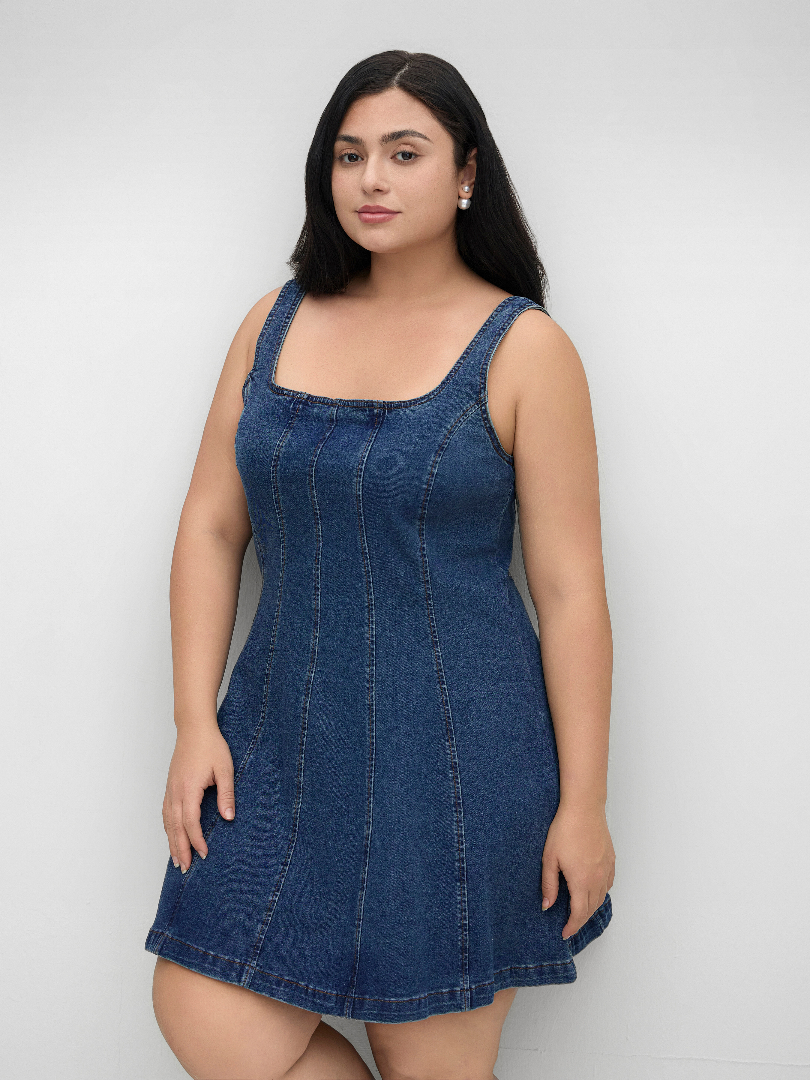 Denim Stretch Denim Square Neck Zipper Dress Curve & Plus For School | Cider