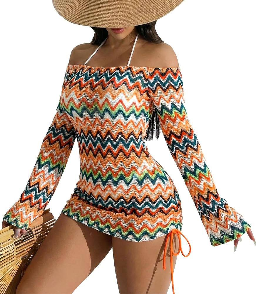 ALIREVERIE Summer Women's Sexy Mesh Hollow Out Off Shoulder Bathing Suit Coverups Long Bell Sleev... | Amazon (US)
