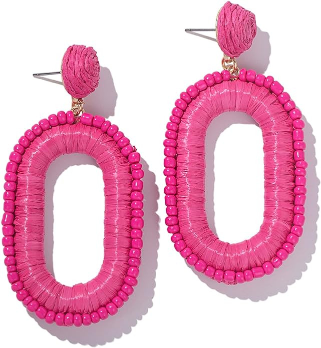 Beaded Raffia Boho Earrings - Cute Seed Bead Square Drop Dangle Earrings for Summer | Amazon (US)