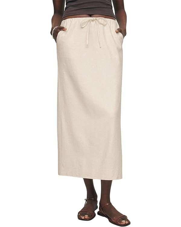 IDEALSANXUN Womens Cotton Linen Skirts Trendy Elastic Waist Drawstring Long Skirts with Slit | Amazon (US)