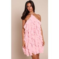 Petite Pink Layered Ruffle Chiffon Halterneck Mini Dress | PrettyLittleThing US