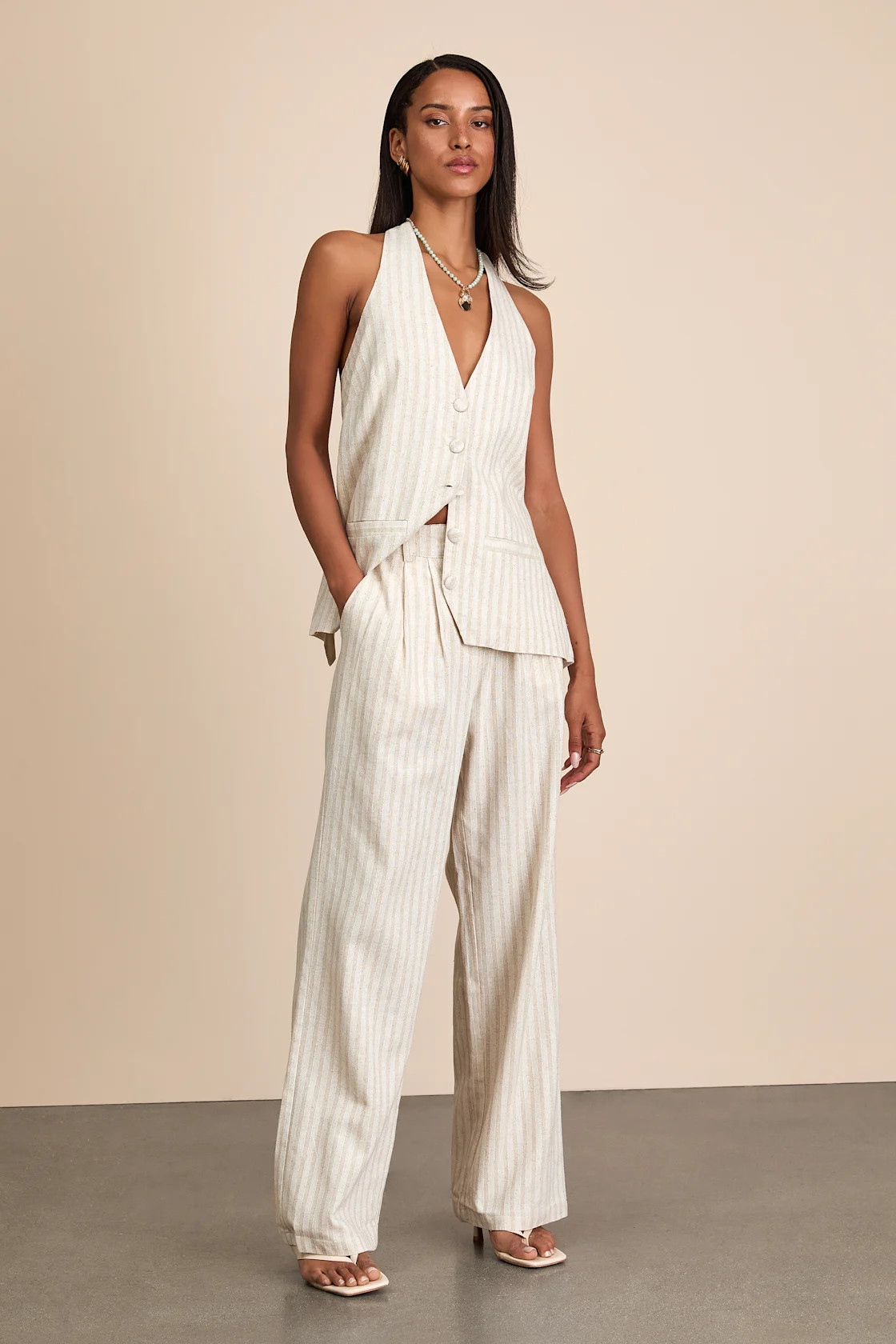 Layne Beige Stripe Straight Leg Trousers | Lulus