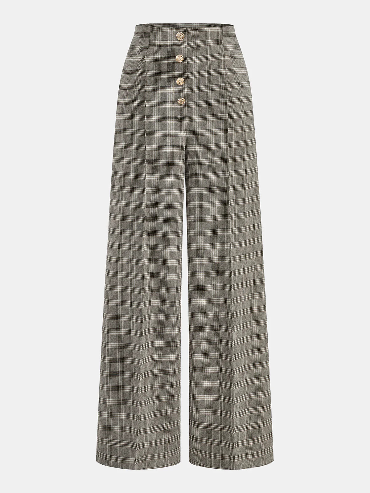 High-Waist Button Detail Plaid Wide-Leg Pants | Commense