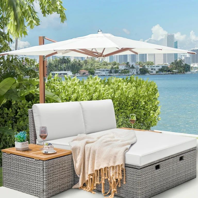 Homall Outdoor Daybed Patio Furniture Set Rattan Storage Daybed with Cushion and Side Table, Whit... | Walmart (US)