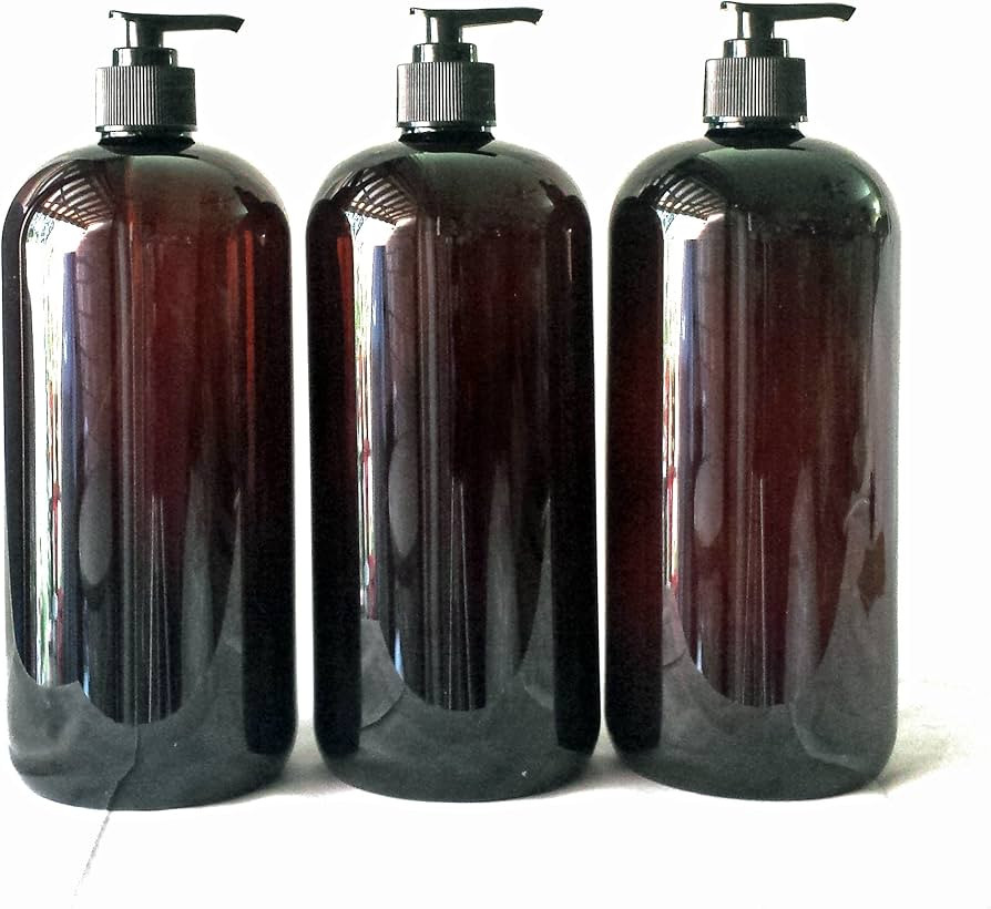 32 oz Amber Plastic PET Plastic Bottle with Black Hand Lotion Pump and Kraft Labels (3) | Amazon (US)