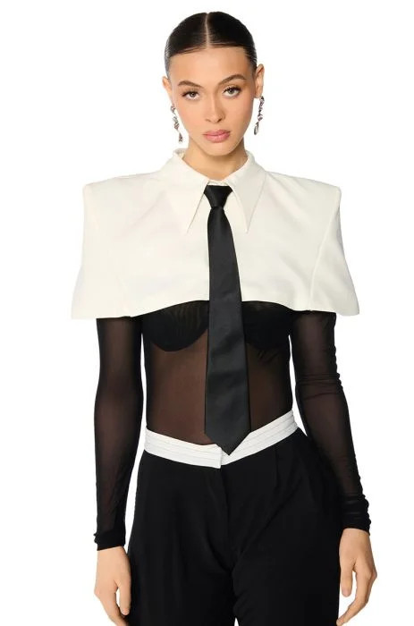 RESERVATION AT 8 TIE DETAIL MESH LONG SLEEVE COLLARED TOP | AKIRA