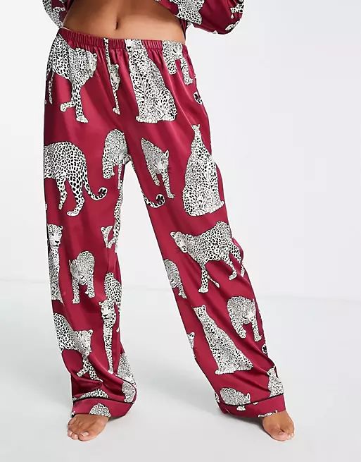Chelsea Peers Petite premium satin revere top and trouser pyjama set in wine leopard print | ASOS | ASOS (Global)