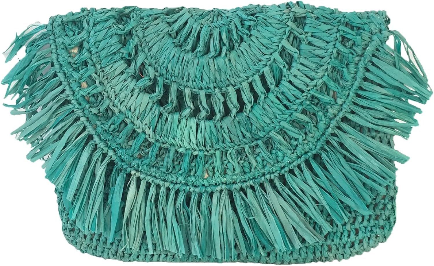 Mar Y Sol Mia Crochet Raffia Fringe Clutch, Turquoise | Amazon (US)
