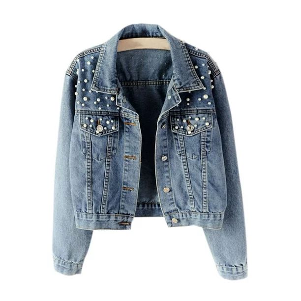 Plus Size Women's Pearl Denim Jacket Loose Fit Casual Biker Jeans Coat Outerwear | Walmart (US)