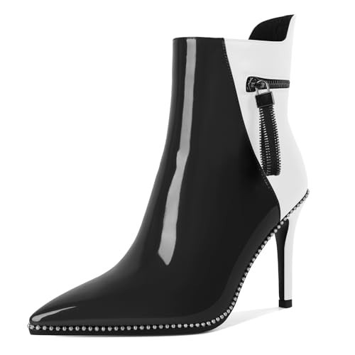 Soireelady Ankle Boots for Women Stiletto High Heel Boots Pointed Toe Beaded Short Boots Side Zipper 4 Inches Black White US Size 7 | Amazon (US)