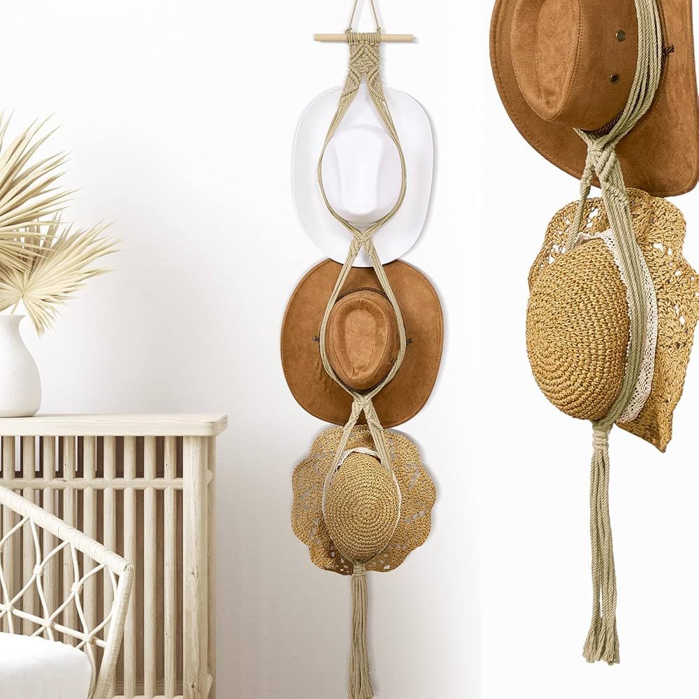 Macrame Hat Hangers Boho Hat Rack Cowboy Hat Hanger Back of Door Hat Organizer (Beige,Three Hats ... | Amazon (US)