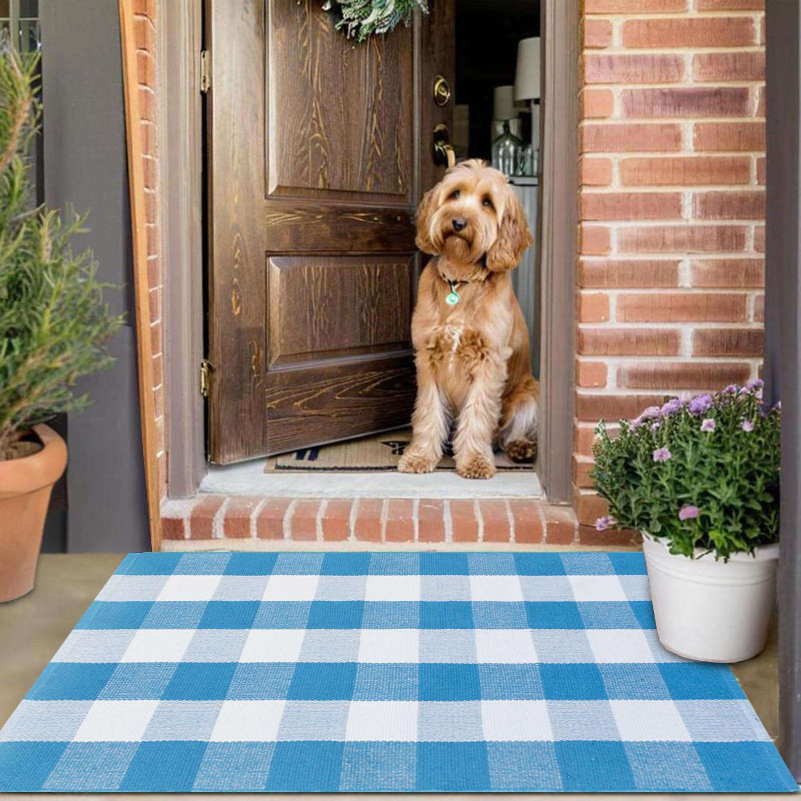 Ckorzen Blue and White Plaid Rug, 28" x 43" Spring Outdoor Front Porch Door Decor Mat, Washable C... | Amazon (US)