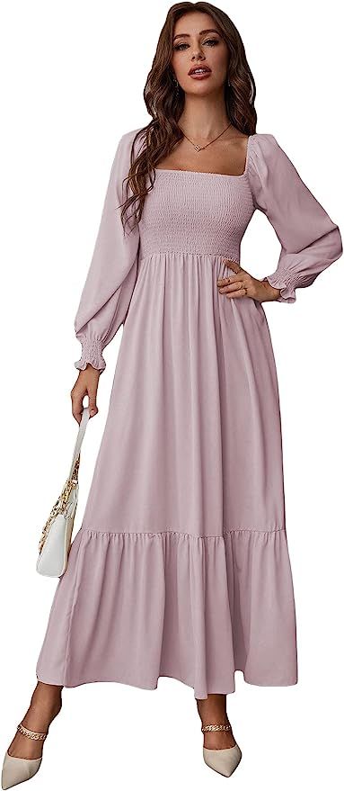 WDIRARA Women's Square Neck Flounce Shirred Ruffle Hem Elegant Long Sleeve Maxi Dress | Amazon (US)