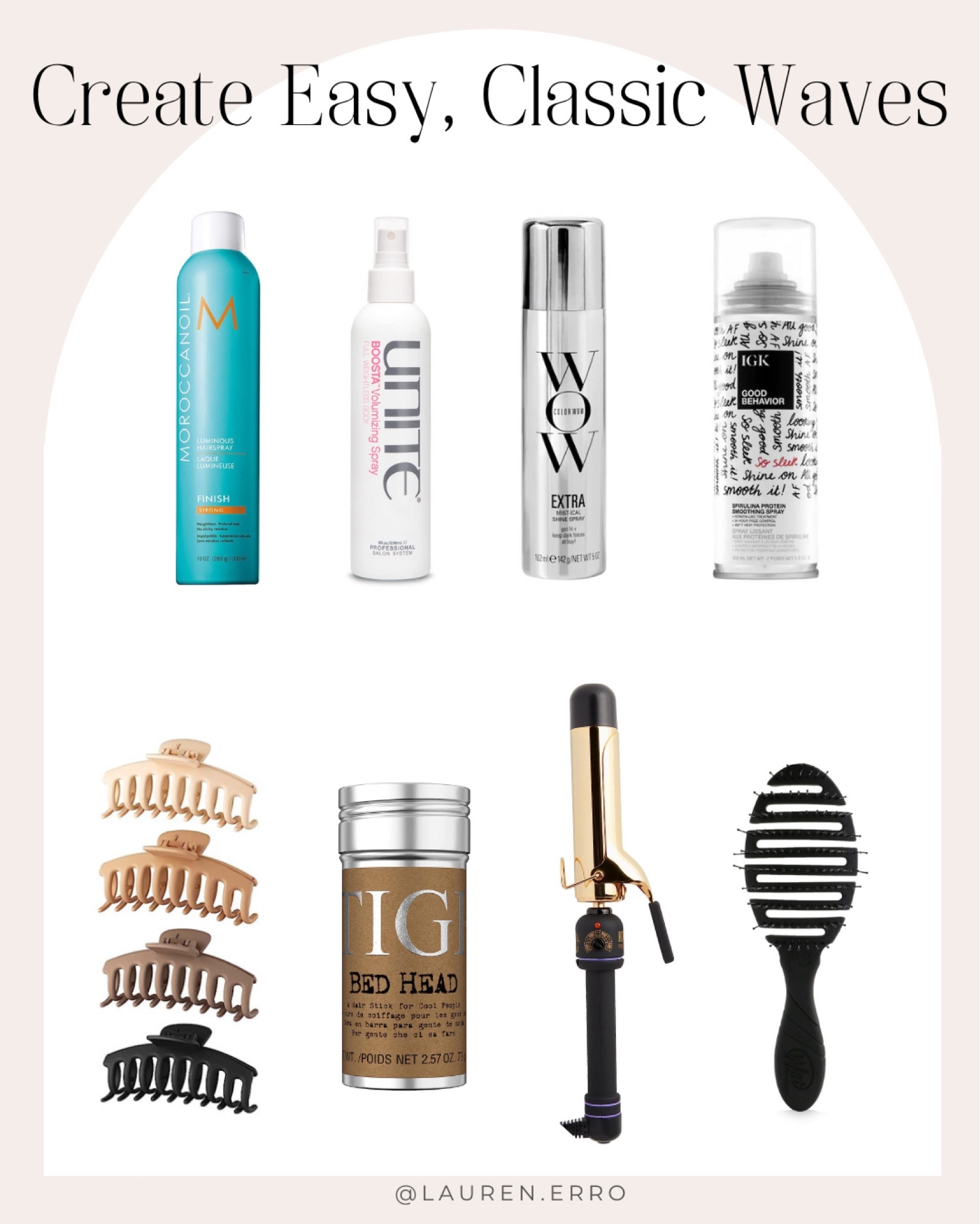 The best products for easy, classic waves!
.
.
.
Hot tools, morrocan oil, unite, igk, Tigi, wet hair brush, curling iron, color wow shine spray, hair clips, good behavior, hairspray  

#LTKstyletip #LTKbeauty #LTKunder50