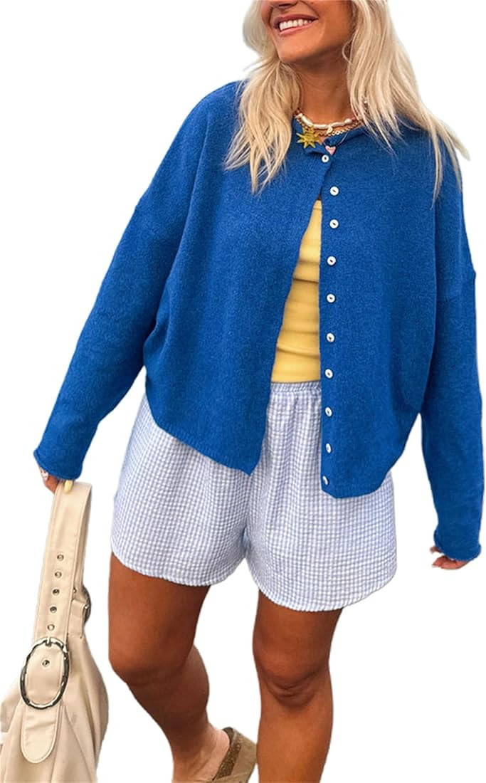 Women's Solid Color Fuzzy Knit Cardigan Long Sleeve Round Neck Sweaters Front Button Closure Roll... | Amazon (US)