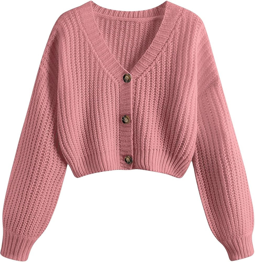GORGLITTER Women's Button Up Cropped Cardigan Sweaters Chunky Long Sleeve V Neck Fall Coquette Ca... | Amazon (US)