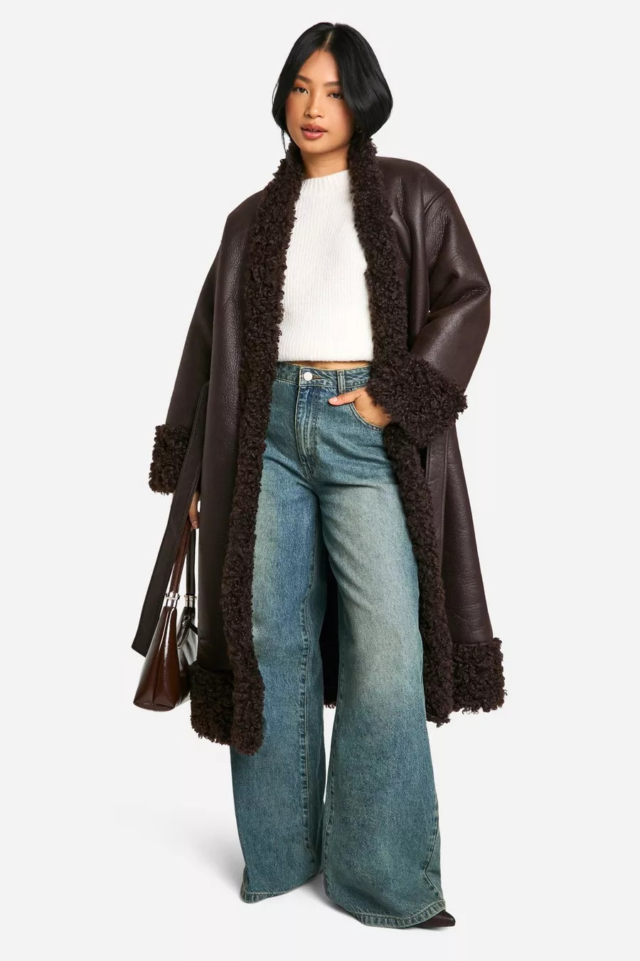 Petite Teddy Trim Belted Faux Leather Coat | boohoo (US & Canada)