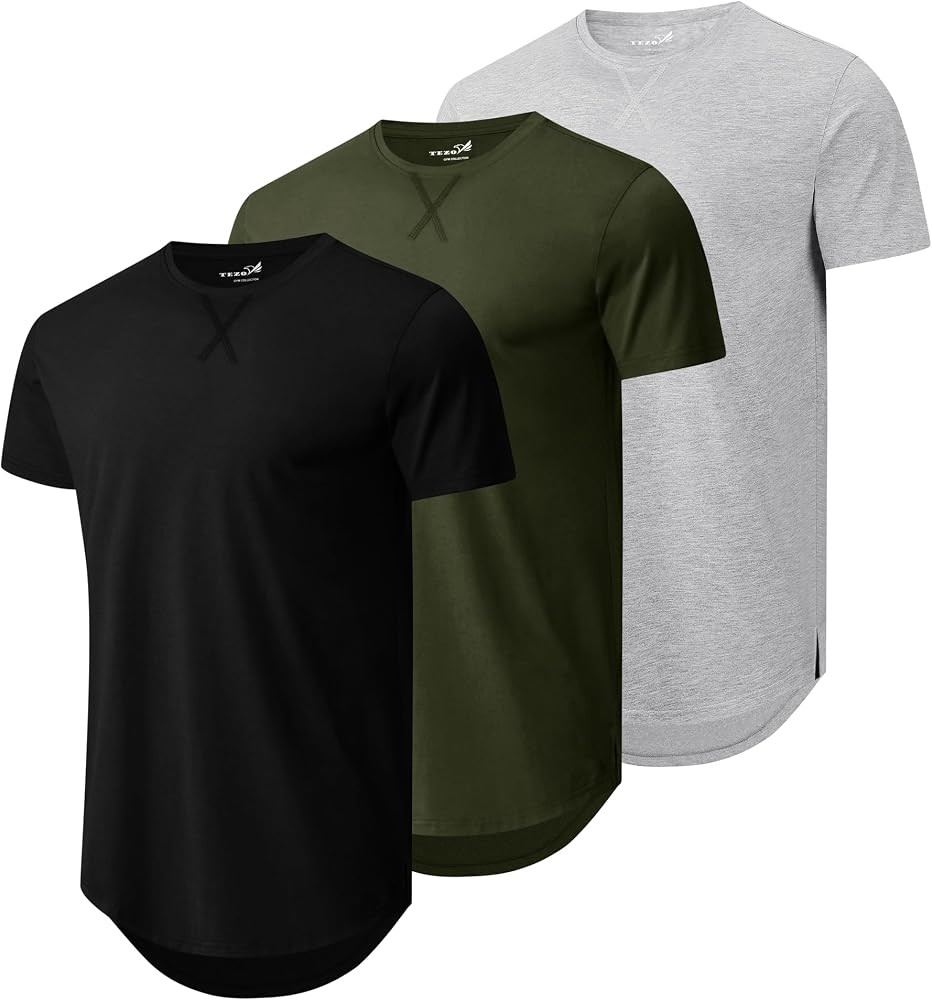 Mens 3 Pack Plain Cotton Shirts Short Sleeve Casual Crew Neck T-Shirts Hipster Hip Hop Longline T... | Amazon (US)