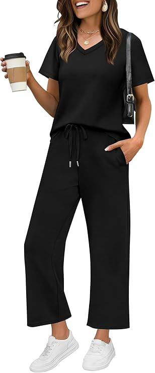 WIHOLL 2 Piece Sets for Women Summer Lounge Set Wide Leg Pants Matching Set Vacation Travel Outfi... | Amazon (US)