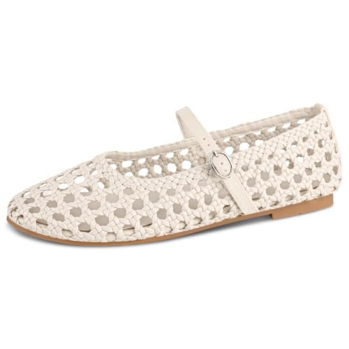 CHARMUST Woven Ballet Flats for Women Round Toe Mary Jane Shoes,Beige,8.5 | Amazon (US)