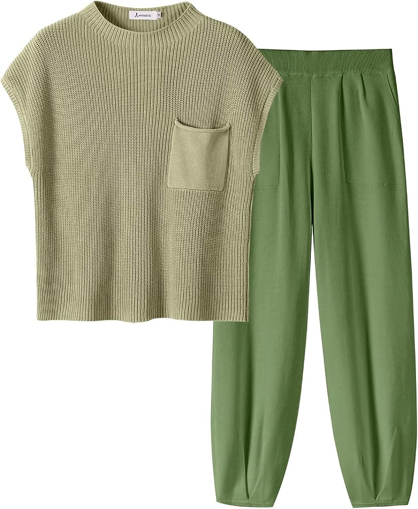 ANRABESS Women's Two Piece Outfits Knit Sweater Vest Crop Top Pants Lounge Matching Tracksuit Swe... | Amazon (US)