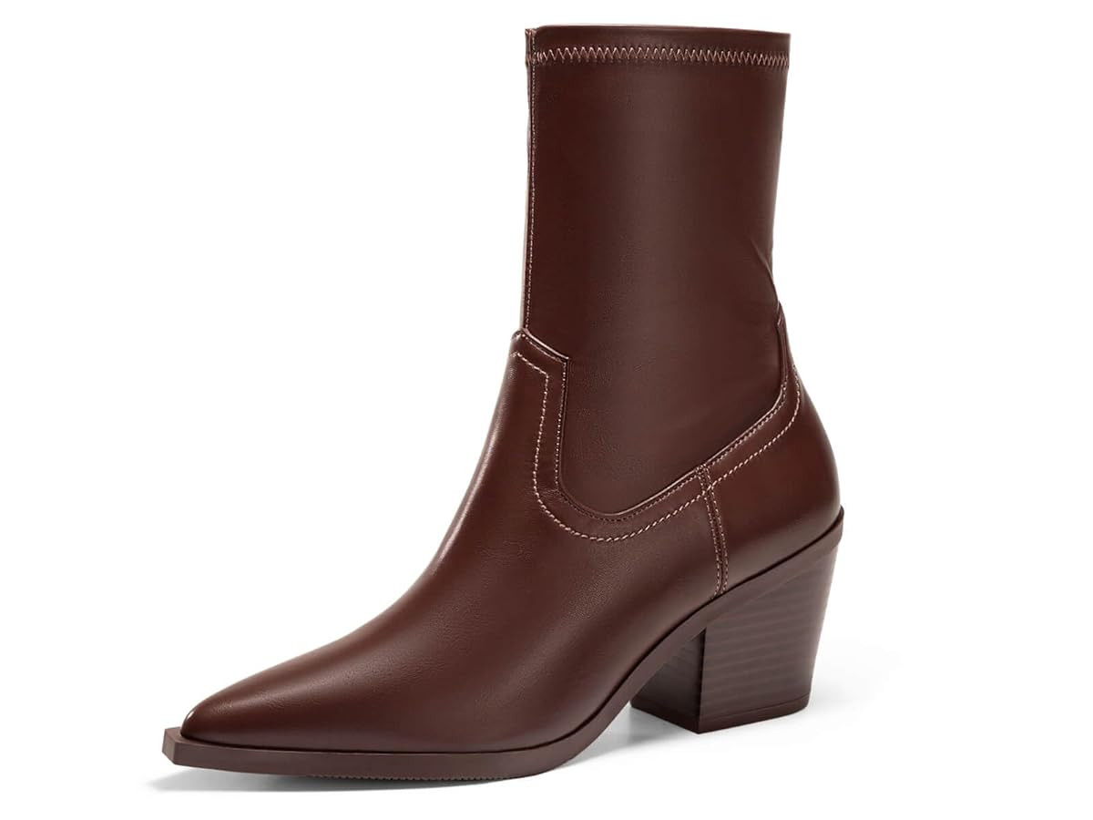 Coutgo Womens Pointed Toe Ankle Boots Chunky Stacked Heel Side Zipper Leather Fall Booties Shoes | Amazon (US)