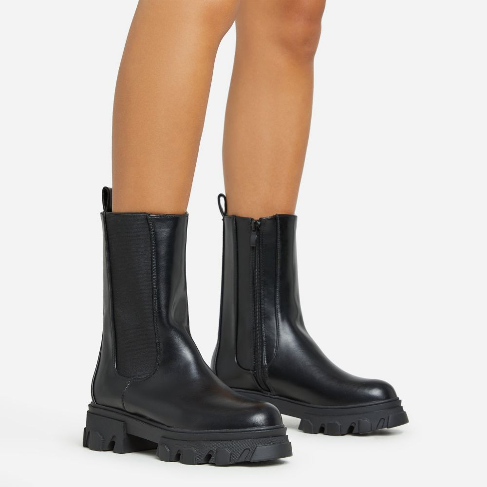 Steele Chunky Sole Ankle Biker Boot In Black Faux Leather | EGO Shoes (US & Canada)