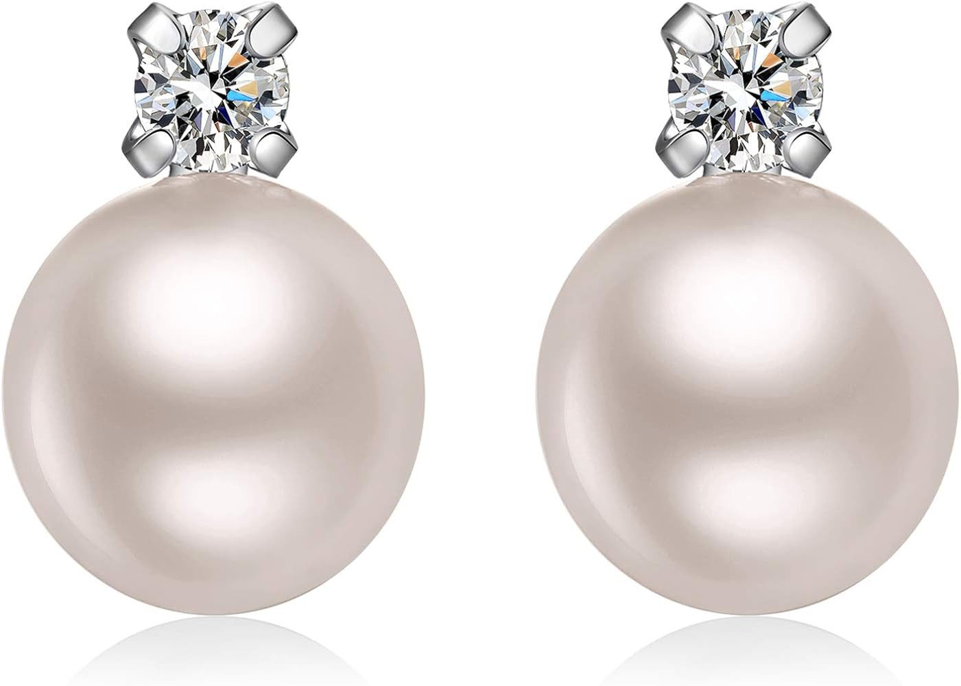 Han han 18K White Gold Plated Pearl Diamond Stud Earrings for Women 925 Sterling Silver Pearl Ear... | Amazon (US)