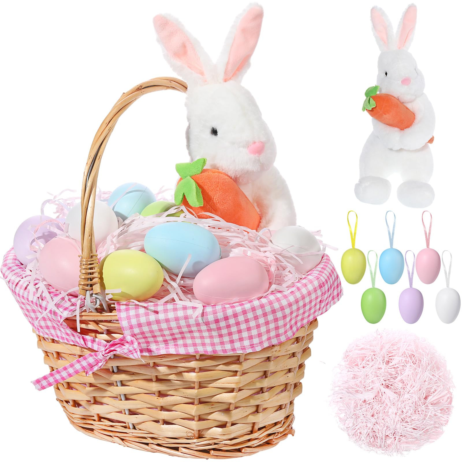 Easter Bunny Gift Basket, Include Wicker Basket with Liner Gingham, Easter Plush Bunny Rabbit, Ea... | Amazon (US)
