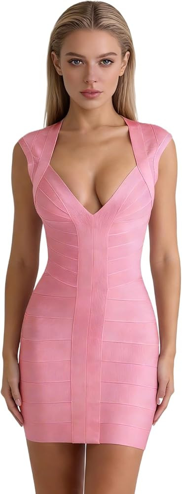meilun Women's Mini Bandage Dress Summer V-Neck with Straight Shoulders Stripes Sexy Bodycon Casu... | Amazon (US)