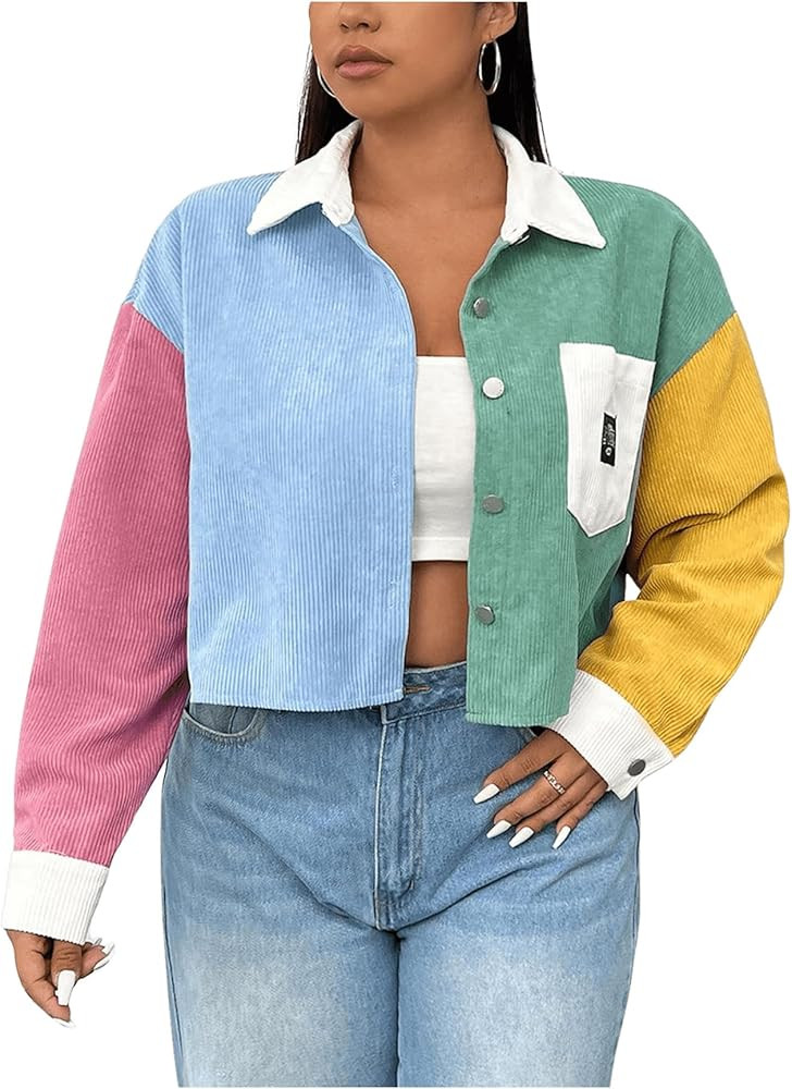 Floerns Women's Plus Size Color Block Crop Jackets Long Sleeve Button Down Outwear Coats | Amazon (US)