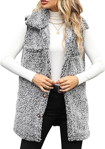FEOYA Women's Casual Sherpa Fleece Vest Fall Warm Fuzzy Overwear Lightweight Zip Up Jacket with P... | Amazon (CA)