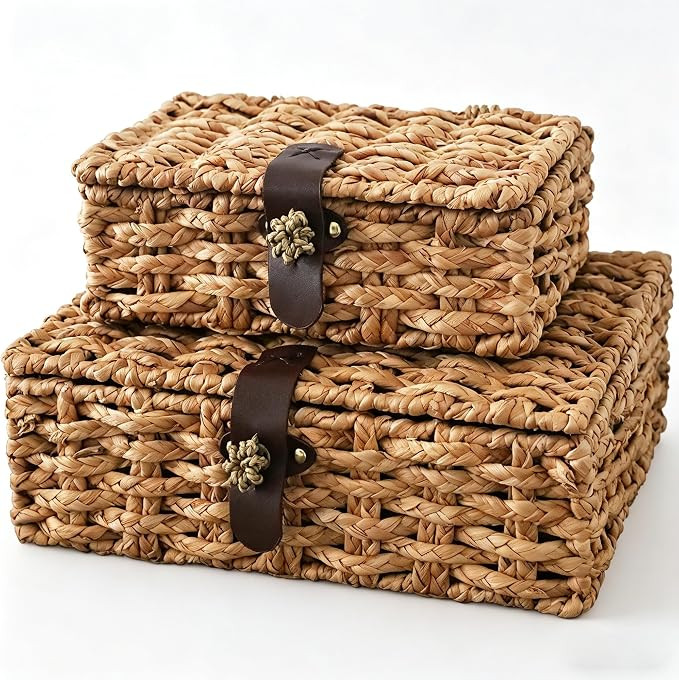 Water Hyacinth Woven Decorative Box with Lid for Decor, Storage (Set of 2) | Large Capacity Stora... | Amazon (US)