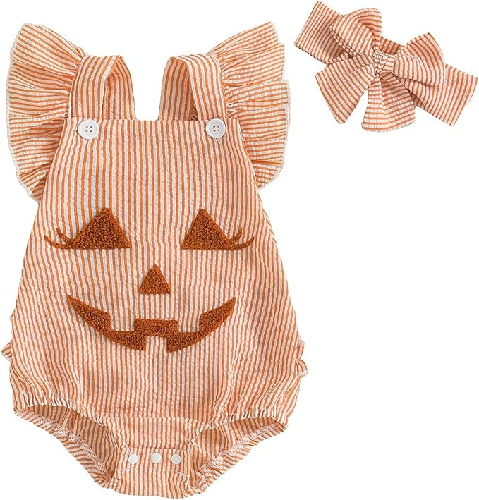 Newborn Halloween Outfit Infant Girls Pumpkin Smiling Face Embroidery Striped 1st Halloween Baby ... | Amazon (US)