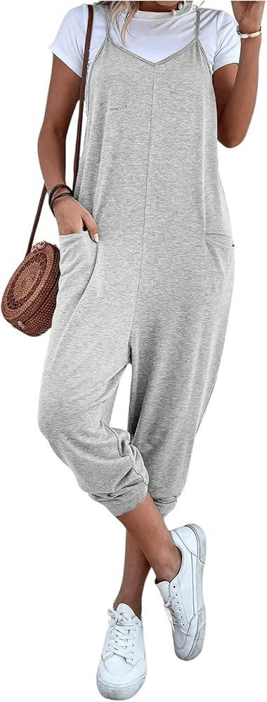 OYOANGLE Women's Causal Sleeveless Harem Leg Suspender Cami Jumpsuit Long Romper with Pockets | Amazon (US)