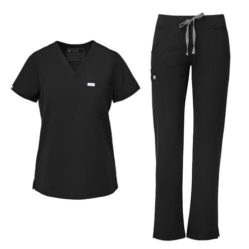 FIGS Catarina Top & Kade Cargo Pants Scrub Set for Women — Classic V-Neck, Straight Leg Trouser, Anti-Wrinkle, 4-Way Stretch — Black, XS | Amazon (US)