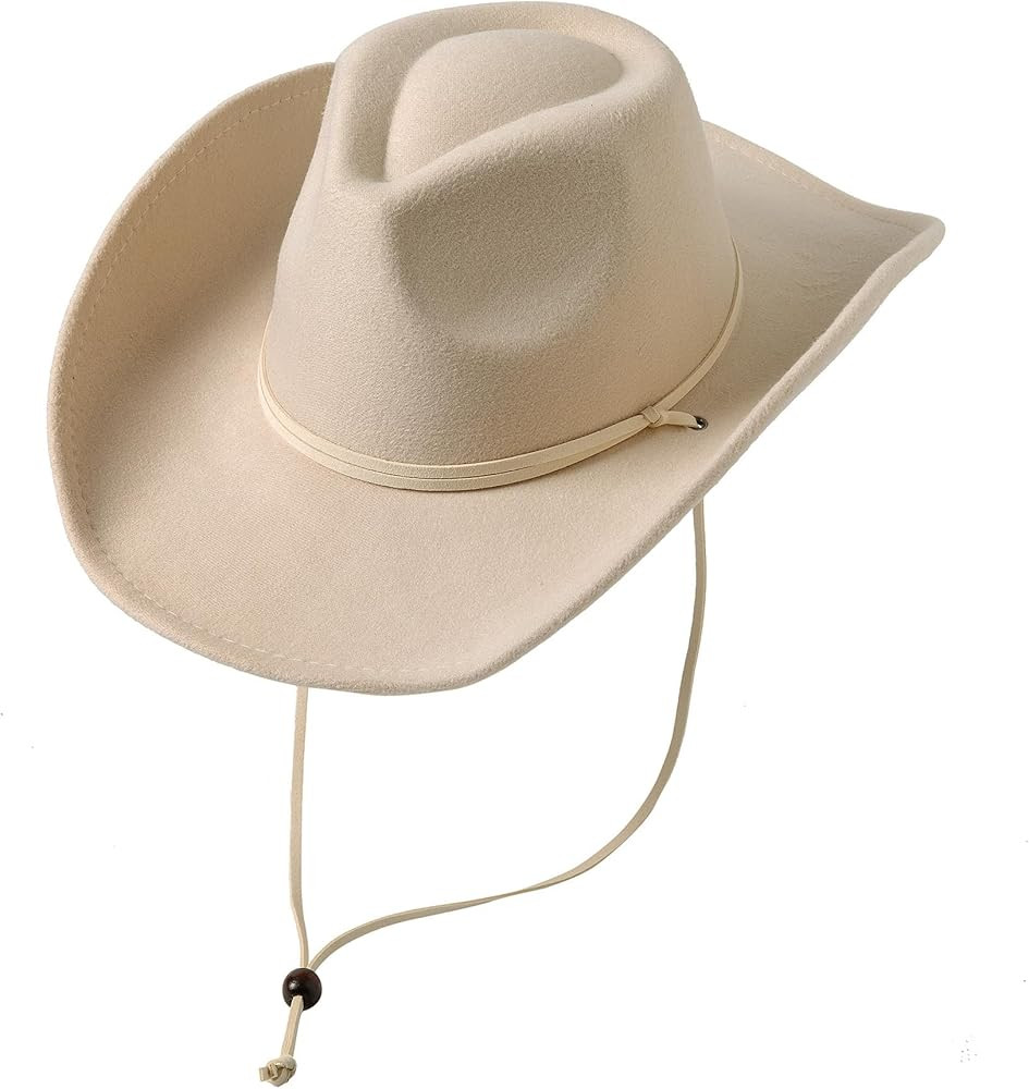 Lanzom Women Men Retro Felt Wide Brim Western Cowboy Cowgirl Hat Dress Up Hat with Wind Lanyard | Amazon (US)