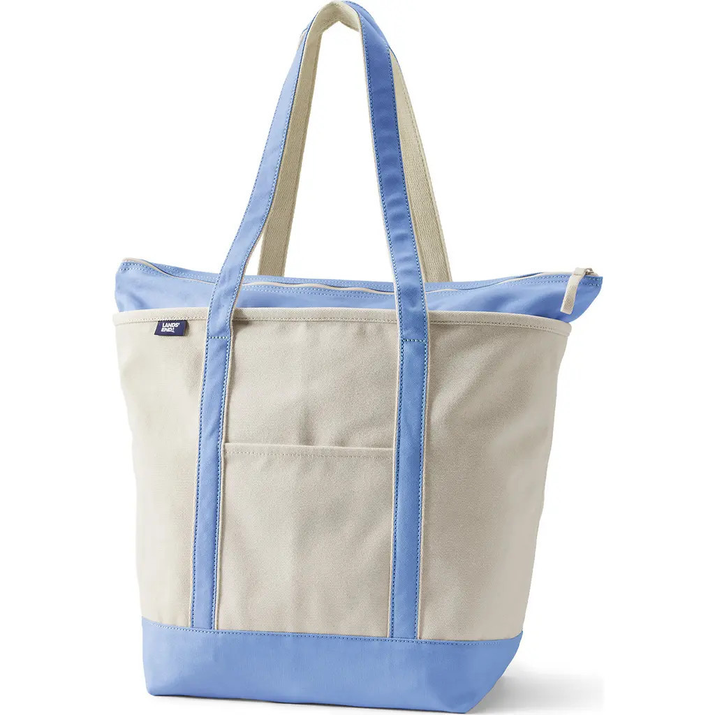Lands' End Zip Top Long Handle Canvas Tote Bag in Natural/clear Blue Sky at Nordstrom, Size Large | Nordstrom