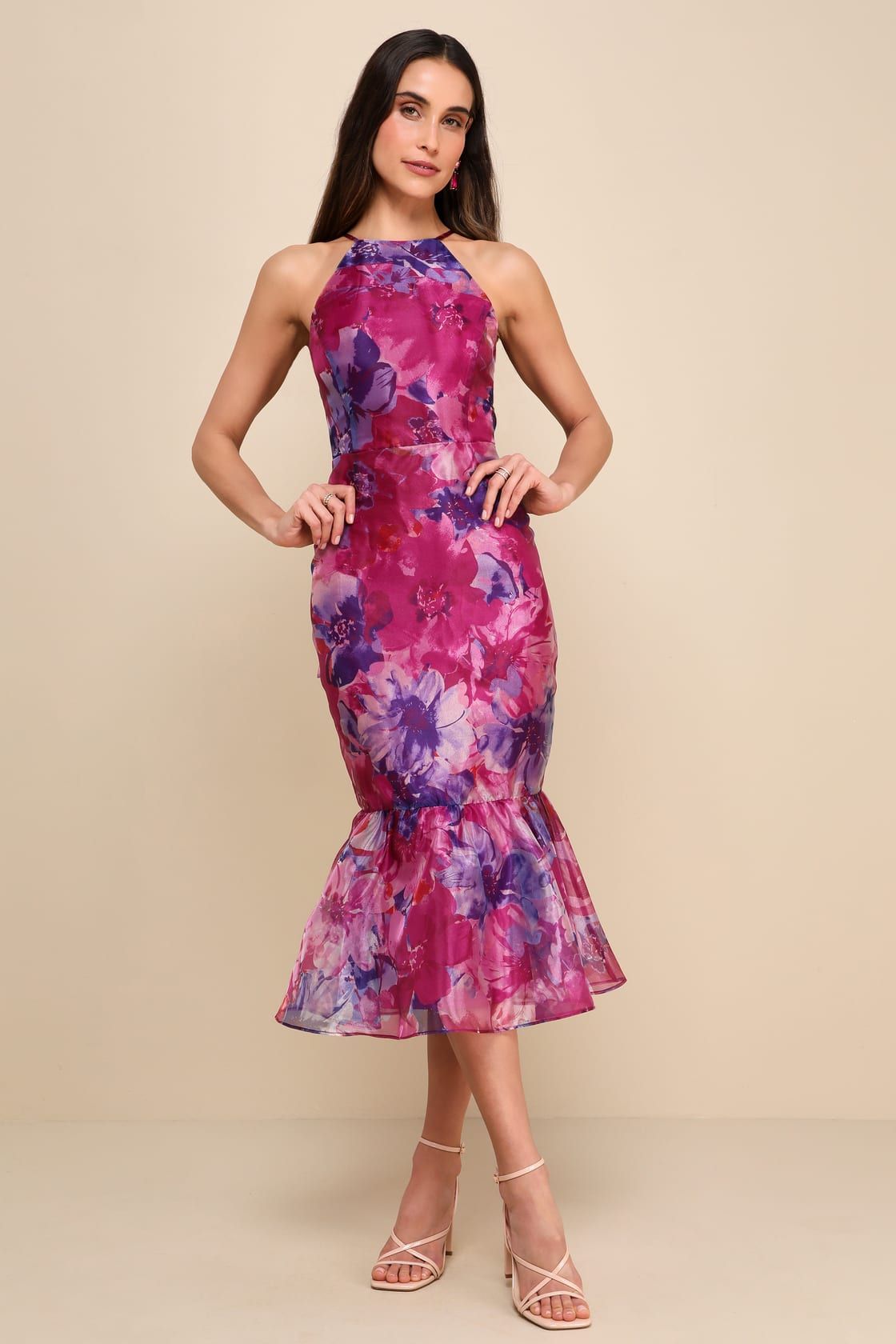 Admirable Essence Magenta Floral Organza Trumpet Midi Dress | Lulus