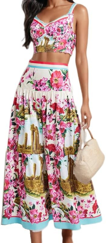 ksotutm Womens 2 Piece Skirt Sets Floral Summer Outfits Halter Tops High Wasit Maxi Skirt Sexy Lo... | Amazon (US)