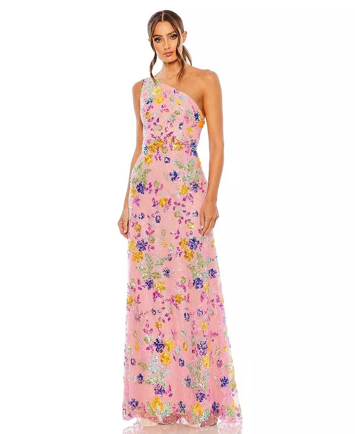 Women's One Shoulder Floral Sequin Lace up Gown | Macy's