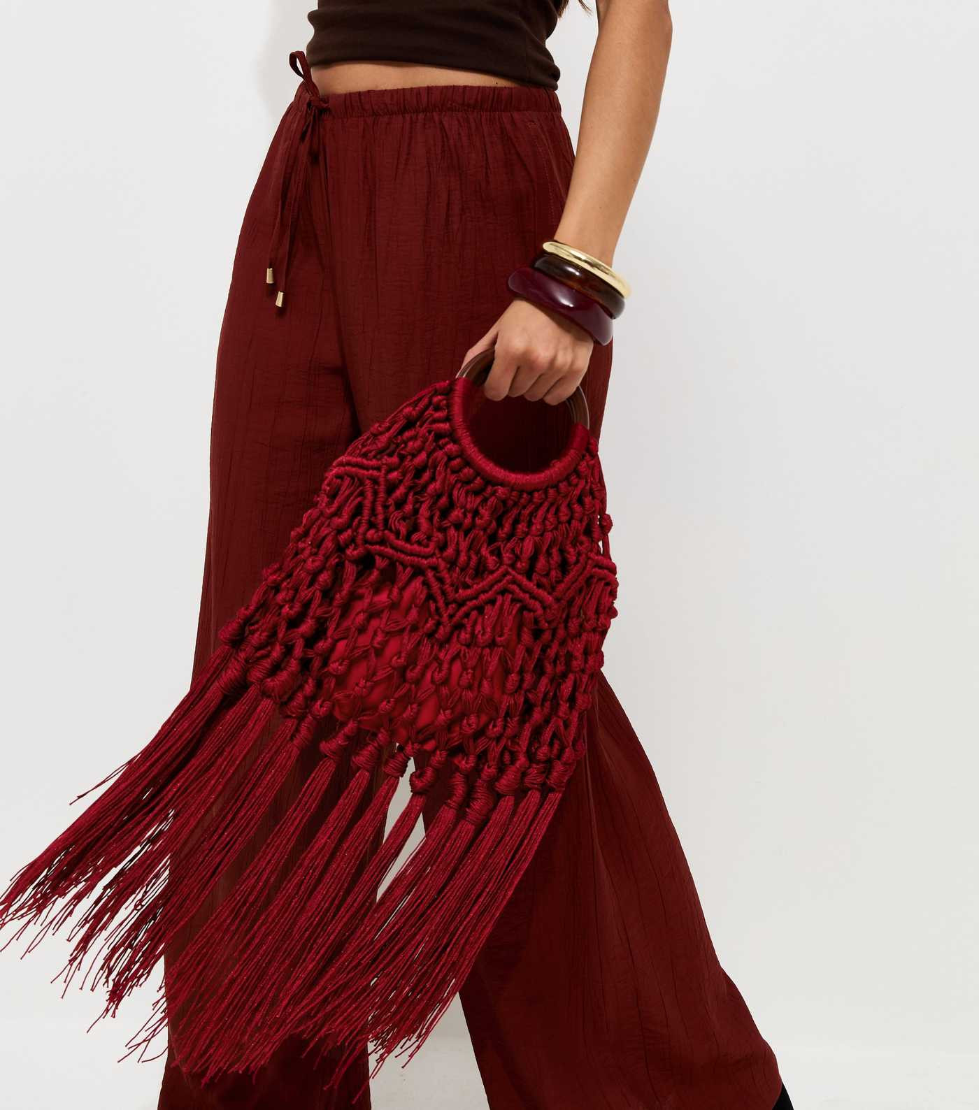 Dark Burgundy Macrame Tassel Top Handle Bag | New Look | New Look (UK)